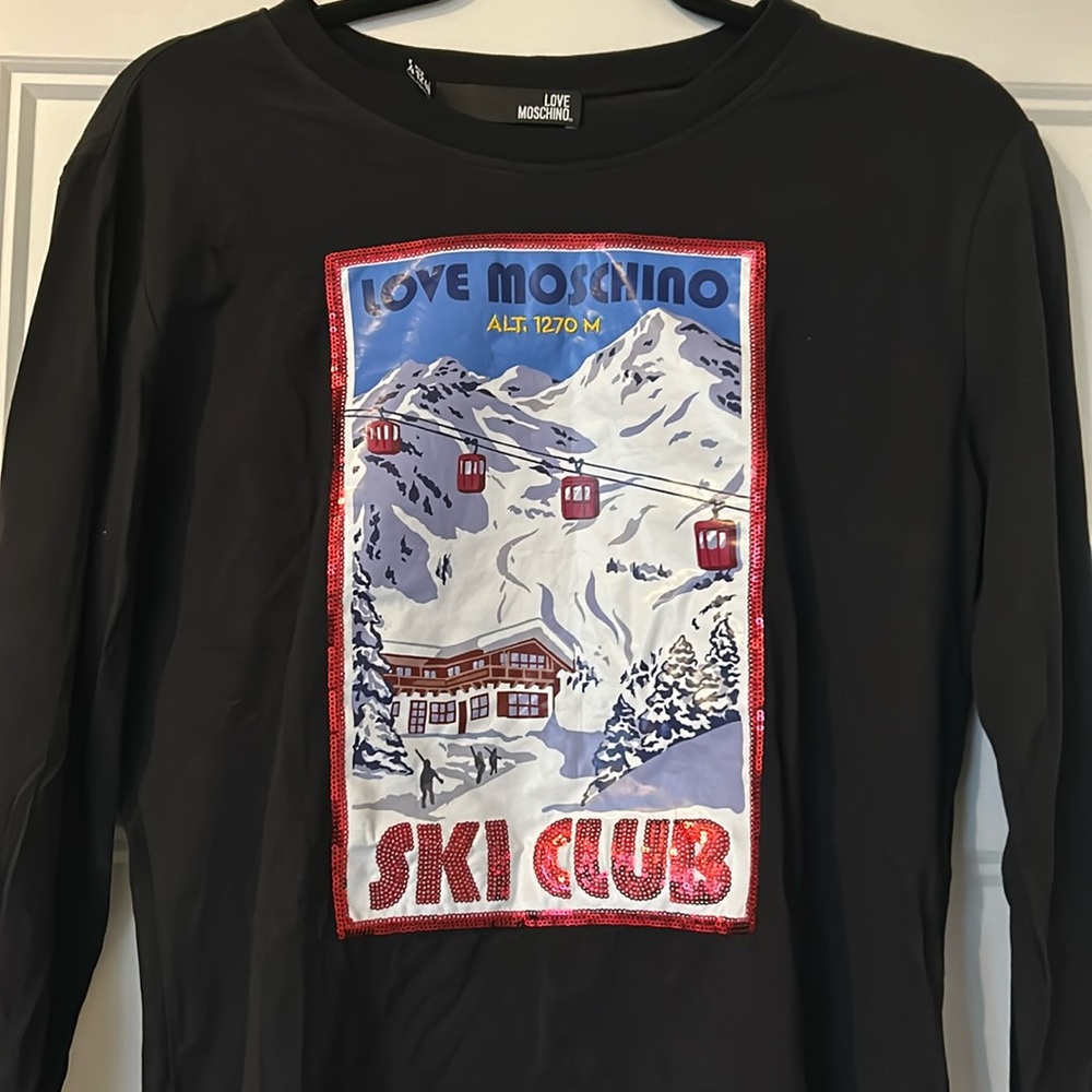 LOVE MOSCHINO Italian Ski Club long sleeve top in black with vibrant patterns